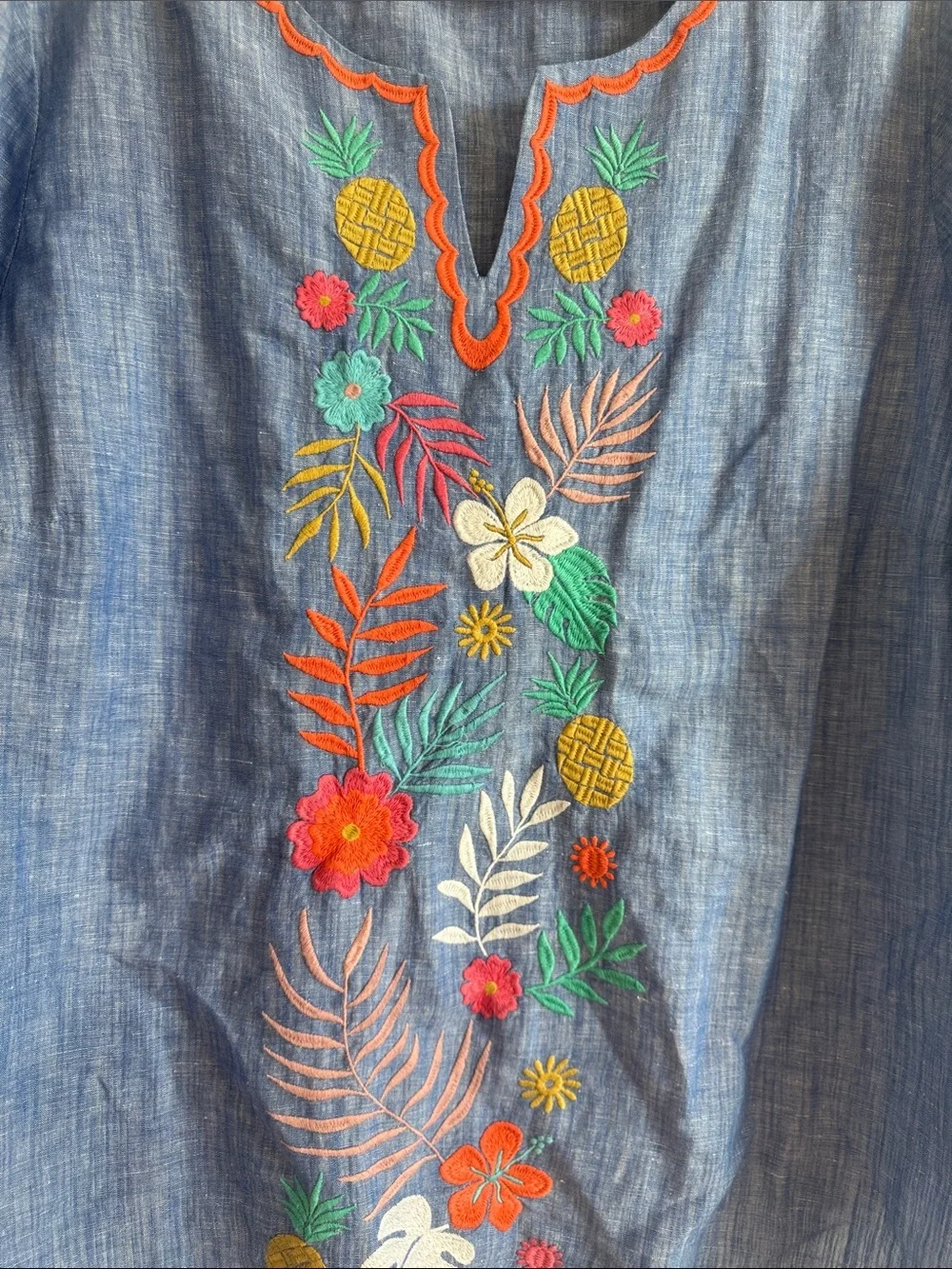 Talbots Blue Chambray Embroidered Tunic with Tropical Motif - Picture 3 of 4